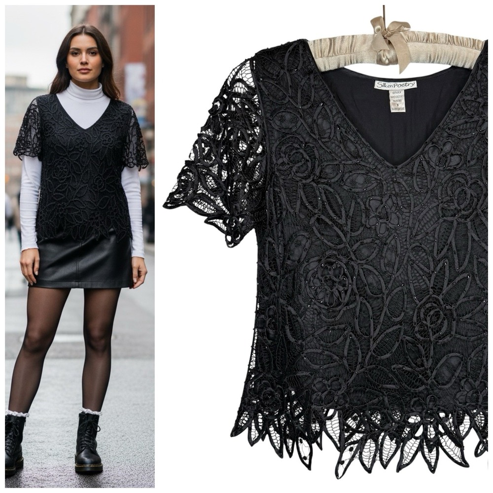 Vintage Silken Poetry S Silk‎ Black Beaded Crochet Lace Top Whimsigoth Fairy